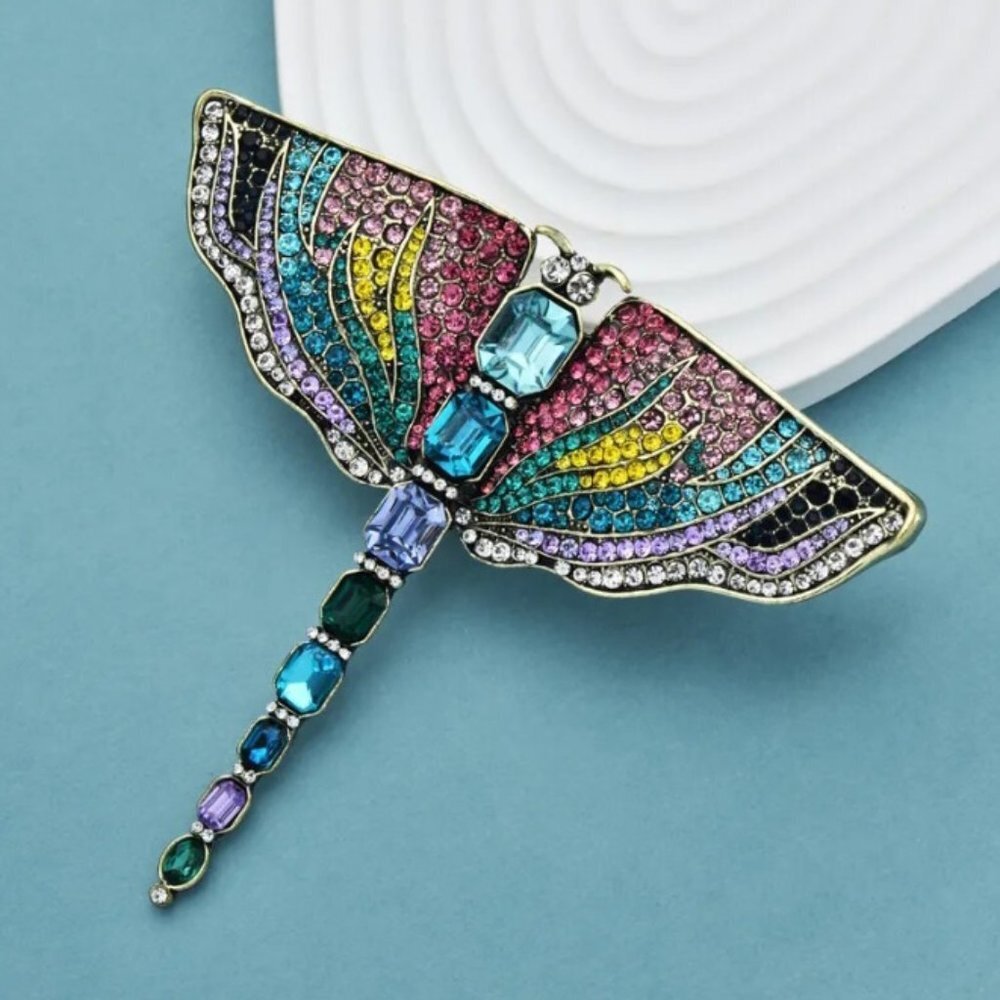 Jewelry pin brooch dragonfly symbol of change colorful crystals large elegant
